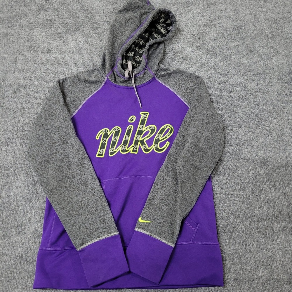 Nike Hoodie Womens Size M Purple Gray Therma-FIT Leopard Logo Thumbhole Pullover